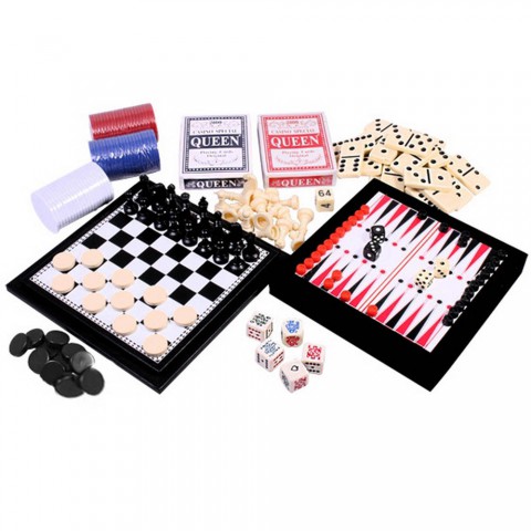 Игровой набор Кубик 6 в 1 Duke 2 колоды карт, шахматы, шашки, нарды, домино и кости
