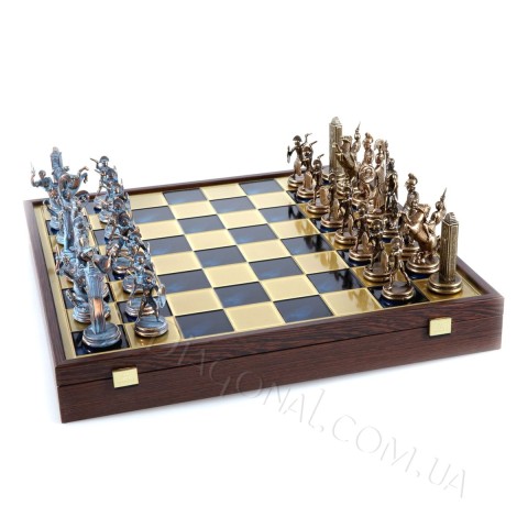 Шахматы греческая мифология в деревянном футляре синие 34x34 см